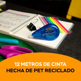 BIC Cinta Correctora 4.2 mm Fácil de Aplicar Corrección Instantánea Hecha de PET Reciclado 12 metros de Cinta Cuerpo Color Azul 6 Piezas