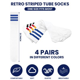 Shihanee 4 Pairs Striped Tube Socks for Men School Cotton Athletic Triple Stripe Knee High Sock Size 10-13(Classic Color)