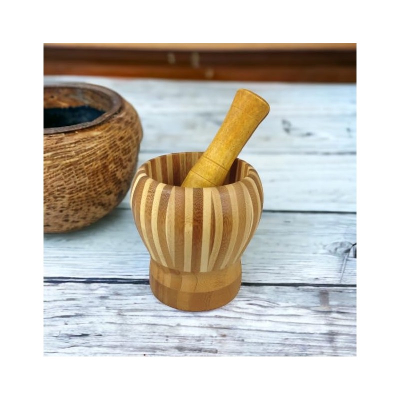 Wooden Mortar with Pestle Wide Stripes
