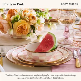 MACKENZIE-CHILDS Enamel Dinner Plate, Decorative Dinnerware Plate, 10 Inches, Pink-and-White Rosy Check