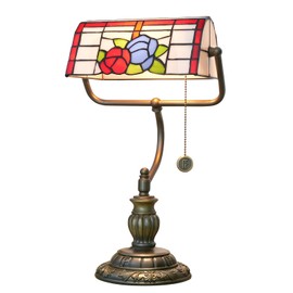 red rose tiffany bankers desk lamp stained Glass table lamp Vintage Bedroom bedside Study Pull Chain reading desk light retro office gift nightstand aesthetic antique accent desktop desklamp