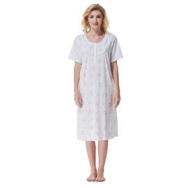 Keyocean Women's Nightgowns Cotton, Short Sleeve Soft Lightweight Long Nightdress for Ladies Cream