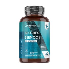 Irisches Seemoos 4000mg - 120 Kapseln mit Blasentang - 4 Monate Vorrat - Aus der Alge Irish Sea Moss - 1 Kapsel Täglich - Superfood - Nahrungsergänzungsmittel ohne Magnesiumstearat - WeightWorld