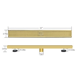 TECFORG 24 Inch Gold Rectangular Shower Drain with Removable Quadrato Pattern Cover Grate Accessories and SUS304 Stainless Steel CUPC Certificate