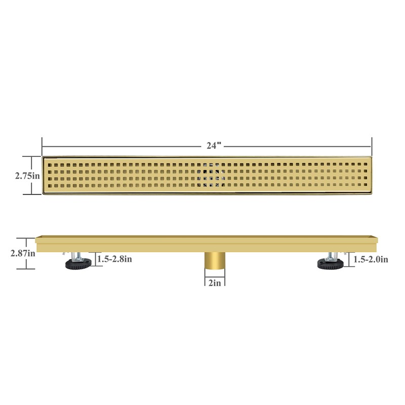 TECFORG 24 Inch Gold Rectangular Shower Drain with Removable Quadrato