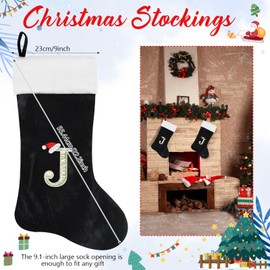 Glimin 22 Inches Monogram Christmas Stocking with Letter Soft Velvet with White Plush Cuff Embroidered Initial Xmas Stockings for Christmas Holiday Fireplace Decoration Gifts (J Letter, Black)
