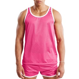 Ouber Men's Mesh Basketball Tank Top Workout Gym T-Shirts Sleeveless Training Shirt, Pink L