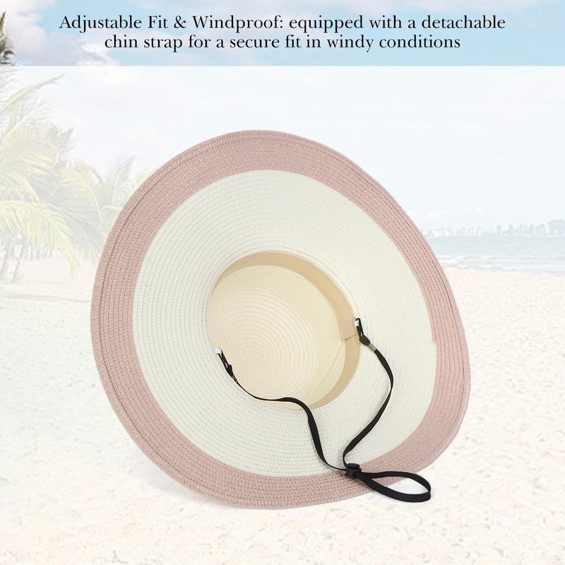 LY4U Women's Beach Sun Straw Hat with Chin Strap, Floppy