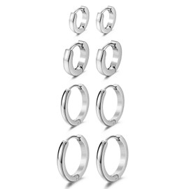 Cupimatch Women's 4 Pairs Hoop Earrings High Gloss Stainless Steel Earrings Women Men Piercing Ear Jewellery Black Gold Silver, Stainless Steel