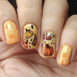 Square Press on Nails Medium Fake Nails with Pumpkin Leaves Irregular Pattern Designs Thanksgiving Nails Press ons Glossy Glue on Nails Glitter Acrylic Nails Yellow Stick on Nails for Women 24 Pcs