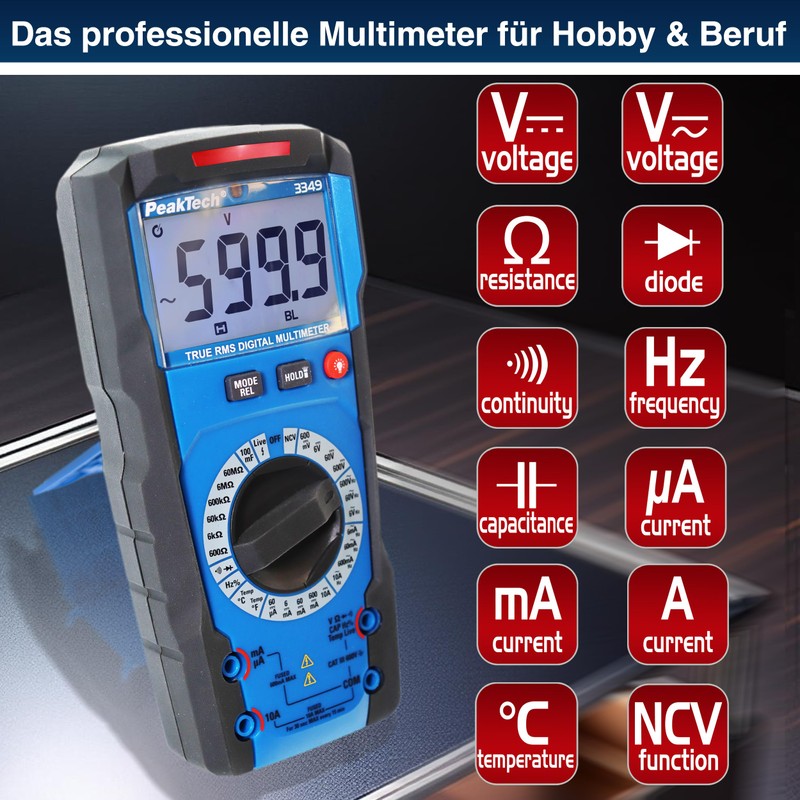 PeakTech 3349 True RMS Digital Multimeter, Manual Range, 6000 Counts,
