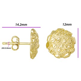 Nugget Stud Earrings - Yellow Gold Plated Sterling Silver Textured Chunky Studs - Hypoallergenic Minimalist Earrings for Men-Women SSGER-513NGT-12MM