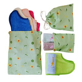 MINIWOOD Nursery Essential Pack 5 Waterproof Bibs with Rubber 3 Towels with Hanger Hook and 3 Different Size Fabric Bags High Quality Material for Your Baby's Skin (Blue)