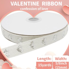 5/8 Inch Soft Cotton Herringbone Twill Tape for Sewing-15 Yards Silver Love Heart Pattern Gift Wrapping Ribbon for DIY Crafts, Tags, Packaging, Wedding & Party Decorations, Gradution