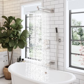 HomGoo Shower System with Tub Spout, Wall Mounted Tub Shower Faucet Set for Bathroom with High Pressure 12'' Rain Shower Head and Handheld Shower head Set, Brushed Nickel