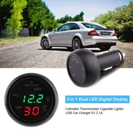 Dweekiy Encendedor de cigarrillos, Accesorio para automóvil 3in1 Dual LED Pantalla digital Termómetro voltímetro Cargador de automóvil USB (Azul + rojo)