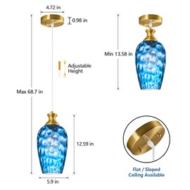 LBSQJ Glass Pendant Lights Kitchen Island 1 Pack 5.9" Blue Hammered Glass Pendant Light Gold Kitchen Pendant Lighting Over Sink Modern Bedroom Dining Room Hanging Light Fixture