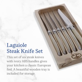 Jean Dubost Laguiole 6-Piece Steak Knife Set, Ivory Handles - 1.5 mm Blades - Rust-Resistant Stainless Steel - Includes Wooden Tray - Made in France