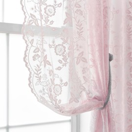 FINECITY Sheer Lace Curtains 72 Inch Length - Country Branch Floral Embroidered Lace Sheer Curtains 2 Panels for Girls Room, Privacy Sheer Vintage Scalloped Lace Window Curtains, 52 x 72 Inch, Pink