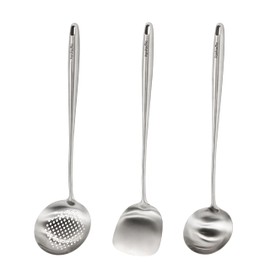 PanPacific 17" Wok Spatula and Ladle, Skimmer Spoon - High-Grade Stainless Steel Wok Tools Set - 3 Pieces Extra Long Handle Heat-Resistant Wok Accessories, Chinese Wok Utensils