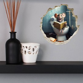 Happy Mouse On Toilet in Mouse Hole - 3D Wall Sticker Decal, Cartoon Home Decor Vinyl Art, Bookcase, Laptop, Classroom, Kids Room, Bedroom, Children, Adorable