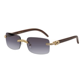 Retro Vintage Style Rimless Clear Lens Sunglasses for Women & Men Luxury Glasses Fashion Crystal Wood Eyewear Shades (Gold/Smoke)