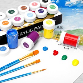 ARTKUNST Acrylic Paint Set, 14 x 20 ml + 3 Brushes, Acrylic Paint Set, Waterproof and Non-fading, Quick Drying, Ideal for Canvas, Paper and Fabrics - Acrylic Paint for Model Making and Crafts