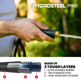 HYDROSTEEL PRO 100 Ft Metal Garden Hose with Nozzle, Indestructible 3-Layer Stainless Steel Heavy Duty Water Hose 100 Ft x 5/8 in. Kink Free Design Will Not Kink, Flexible, NON Expandable, 500 PSI