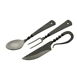 SZCO Supplies 7.25" Hand-Forged Medieval Cutlery Set – Carbon Steel Fork, Knife, Spoon with Leather Pouch, Renaissance Costume Utensils for Camping, Cosplay, and Historical Display