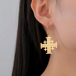 Jerusalem Crusaders Cross Earrings Crusaders Knights Templar Cross Earrings Medallion Disc Greek Religious Jewelry Prayer Statement Baptism Gift Women Men (A-gold)