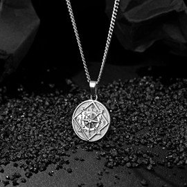 murtoo Compass Necklace, Mens Pendant Necklaces, Silver Necklace for Men， Stainless Steel Mens Necklace， Necklace Silver Gifts for Men/Women Unisex Silver Coin