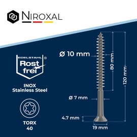 Wood Screws Torx Screws 10 x 120 Stainless Steel V2A Rustproof Chipboard Screws for Wood Partial Thread 10 mm Thick 120 mm Long 1 Piece Stainless Steel Screws Wood A2