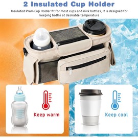KLERICER Baby Stroller Organizer, Universal Stroller Organizer with Detachable Phone Bag, Stroller Caddy with 2 Insulated Cup Holders, Buggy Organizer Bag with 2 Hooks Fits Most Strollers (White)