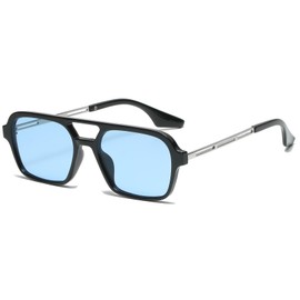 JCTAIFOO Vintage 70s Square Flat Aviator Sunglasses for Men Women Trendy Retro Rectangle Small Shades Cool Cute Fashion Glasses Black/Silver/Blue