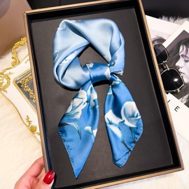 WaJuemy Elegant Silk Feeling Hair Scarf Bandanas for Women Fashion Lightweight Satin Head Scarves Neck Purse Accessories Wrap Silky Sleeping Headscarf 27.5inches Square(26 Blue flower)