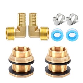 WISIRENT Brass Water Butt Feed-Through 2 Pieces Male Thread 3/4 Female Thread 1/2 in Brass Tank Screw Connection Tap Brass Hose Nozzle with 304 Hose Clamps