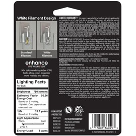 Feit Electric BPA1560927CAWFIL/2 Soft White Exposed White Filament LED Light Bulb, Box of 2 Bulbs; 8W; 2700K; E26 Base; 750 Lumens; Dimmable; 90 CRI; 15000 Rated Life Hours; 120V; 1.8" MOD; 3.2" MOL