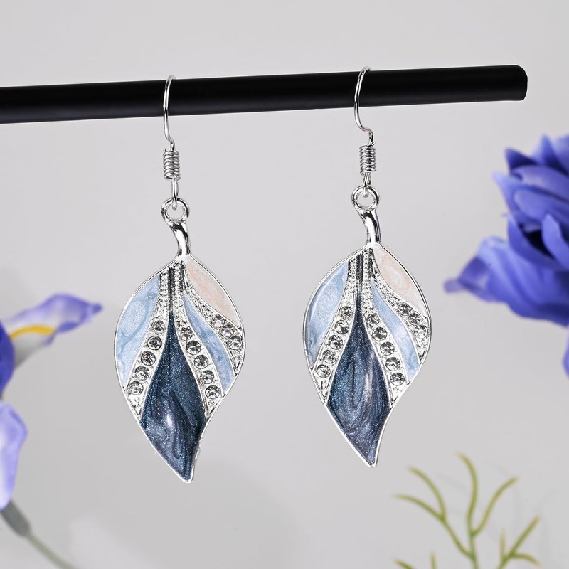 Vurotry Leaf-Shaped Dangle Earrings, Enamel and Crystal Accents, 2.16 inch