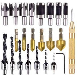 Rocaris 39 Pack Woodworking Chamfer Drilling Tools, Including Countersink Drill Bits, L-Wrench, Wood Plug Cutter, Step Drill Bit, Center Punch, Drill Stop Bit Collar Set, Twist Drill Bit Tool
