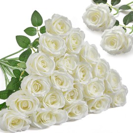 Alecono 𝟮𝟬𝙋𝙘𝙨 Fake Roses, 4in 𝘽𝙞𝙜 𝗩𝗲𝗹𝘃𝗲𝘁 Flower Head White Roses Artificial Flowers with Stems for Wedding Decorations, Fake Roses Bouquet for DIY Home Party Decor