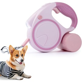 Correa Retráctil para Perros(5M),Mascotas Retráctil para Perro con Tiras Reflectantes,Correa de Perro Ajustable para con Dispensador de Desechos y Linterna para Perros De hasta 50KG(Rosa)