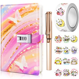 UNIANE Diary with Lock for Girls, A5 Diary with Code, Notebook with Lock with Pen and Funny Sticker Set, PU Leather Notebook, Birthday Gift for Girls (22 x 15 cm) (Pink)
