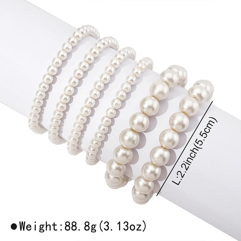 AllJunction 6pcs Multilayer Faux White Pearl Stretch Bracelets Set for