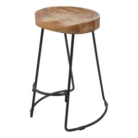 The Urban Port 24 Inch Handcrafted Backless Barstool, Natural Mango Wood Thick Saddle Seat, Iron Base, Brown and Black