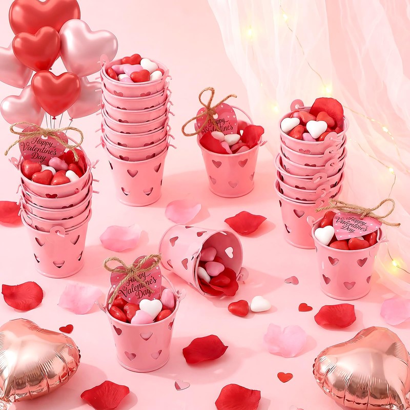 24 Pcs Mini Pink Valentine Buckets with Handle 2.36 Inch