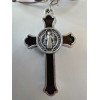 Catholic St Benedict Black Enamel Crucifix Medal Keychain Silver Tone