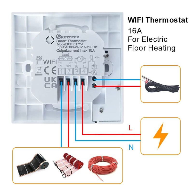 KETOTEK Smart Electric Underfloor Heating Thermostat WiFi 16A with Sensor