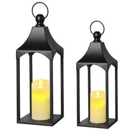Eufrozy Lanterns Decorative Outdoor Indoor Set of 2 Black Metal Candle Lanterns with Flameless Candle, Modern Farmhouse Lantern Decor for Porch Patio Fireplace Mantle Kitchen Table