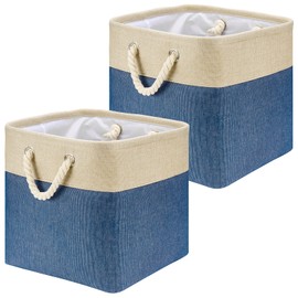 Fabric Foldable Storage Baskets Boxes for Cube Organizers Shelf, Collapsible Storage Bins with Rope Handles for Closet Nursery Home Office Organizing, Navy Blue,Set of 2,QY-SC31-2