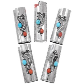 Native American Turquoise Coral Silver Lighter Case Cover Sterling Leaf and Flower Design on Silver Housing 0100